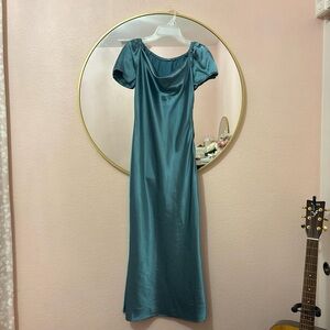 Satin Teal Puff-Sleeve Evening Dress - Unbranded